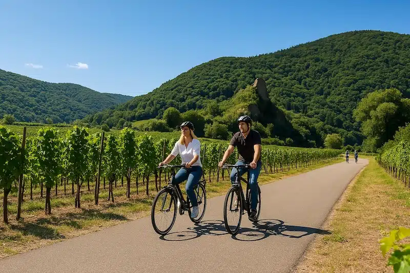 har radweg. man en vrouw op de fiets, fietsen over fietspad langs de wijnranken met op de achtergrond de groen beboste heuvels van de eifel. het is zomers en strak blauwe lucht.