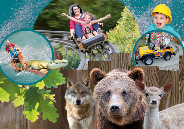foto van eifelpark Gondorf met een aantal attracties in een collage met o.a. dieren, attracties voor kinderen en een rodelbaan