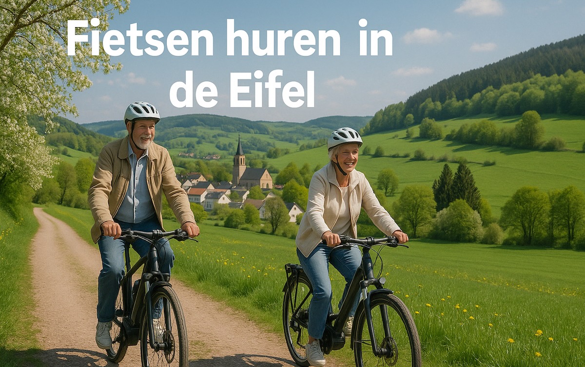 fietsen huren in de eifel. met gehuurde fietsen, fietst een ouder echtpaar door het eifel landschap met groen weides en heuvels op een mooie dag