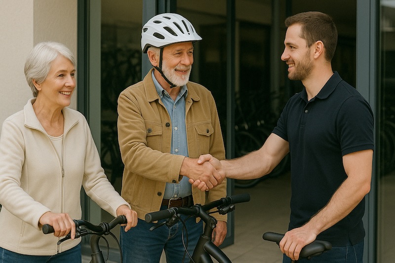 fietsverhuur eifel. ouder echtpaar haalt huurfietsen op en geeft een hand aan de fietsenmaker