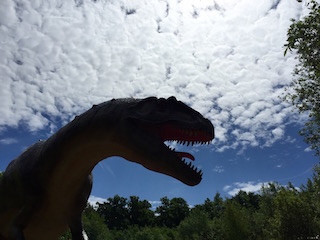 dino silhouet tegen de blauwe lucht met witte wolken