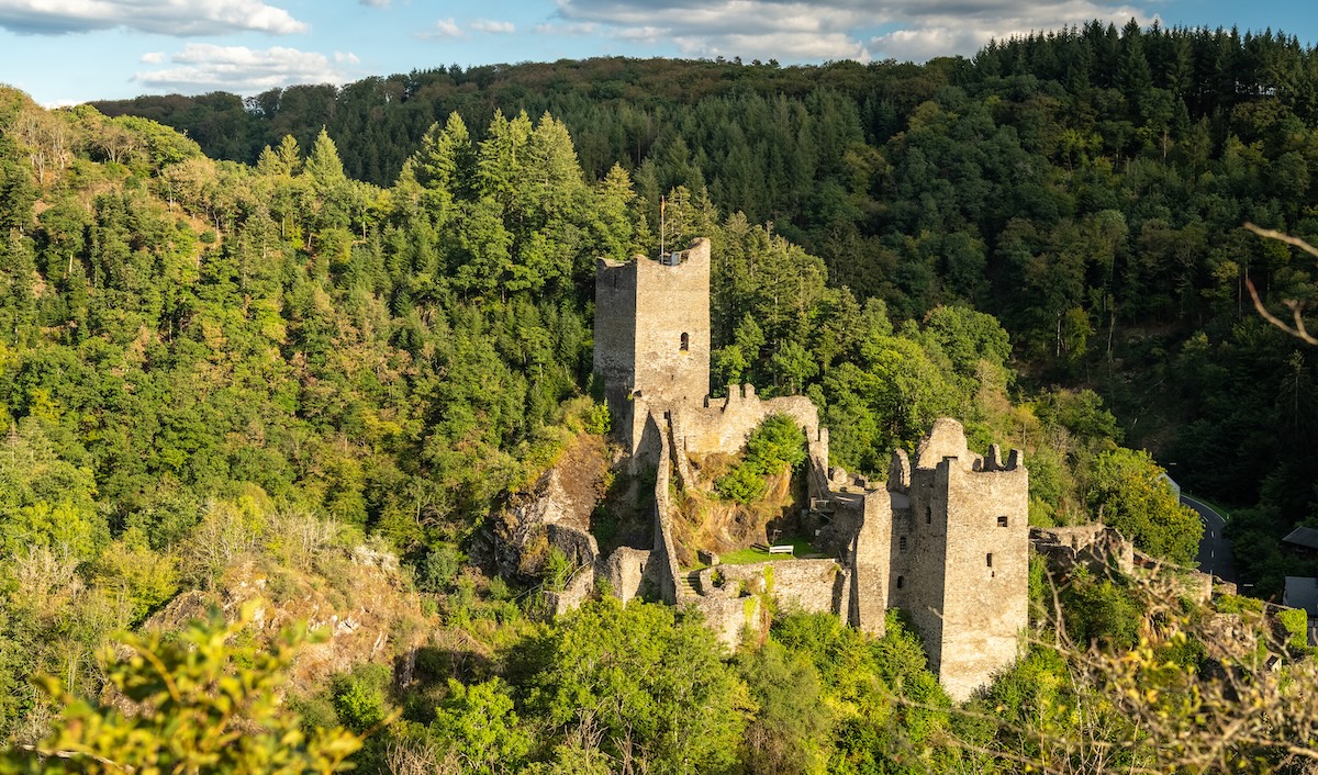 burchten van Manderscheid in het heuvelachtige groene landschap van de eifel. van bovenaf gezien. Dominik Ketz / Rheinland-Pfalz Tourismus GmbH