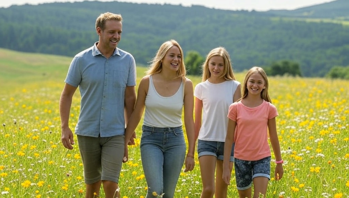 gezin met kinderen loopt in een groene weide in het heuvellandschap van de eifel