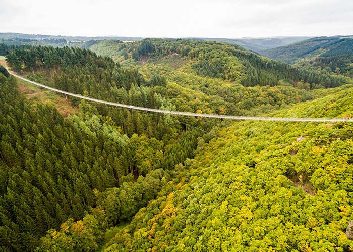 De Geierlay van veraf, vanuit de lucht. Een spectaculaire lange en hoge wandelbrug!