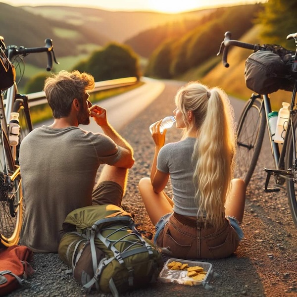 man en vrouw eten en drinken tijdens fietstocht op de Vennbahn
