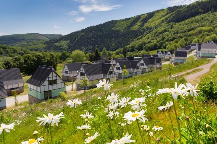 vakantiepark Dormio Resort Eifeler Tor. vakantiehuisje op groene heuvel met prachtig uitzicht