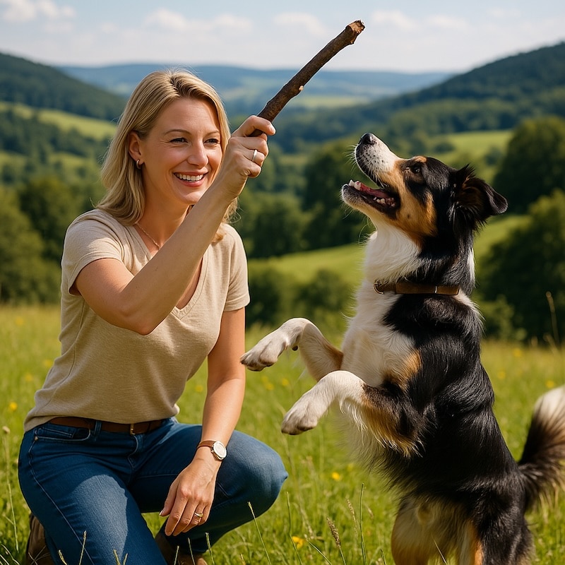 blonde vrouw is met haar hond aan het spelen in het eifel landschap op een mooie zomerse en zonnige dag. de hond gaat achter een stok aan.