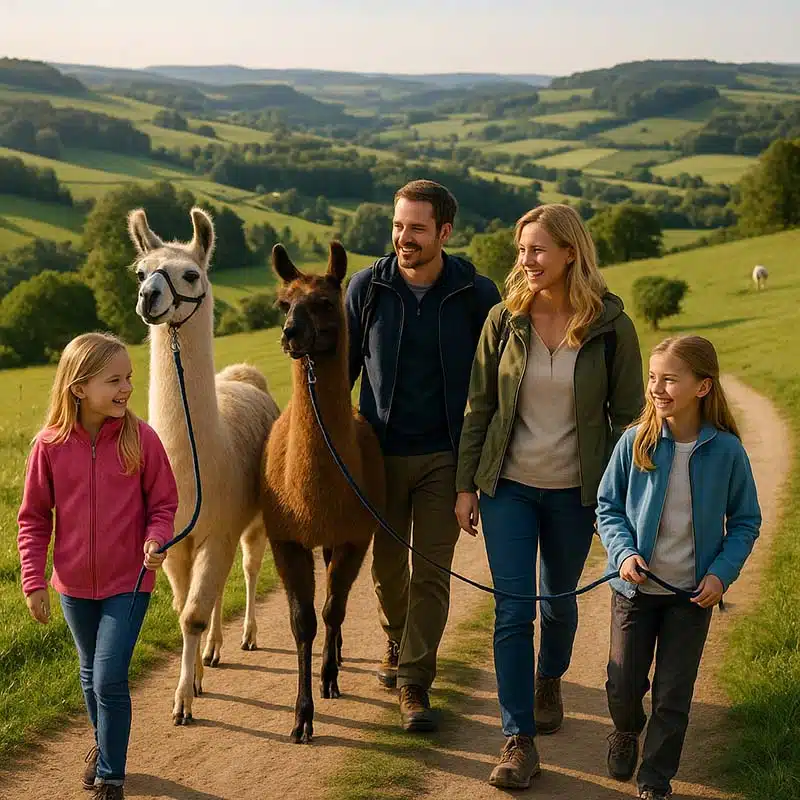wandelen met lama's in de eifel; een gezin met de kinderen loopt over een zandpad in de heuvels met een twee lama's.