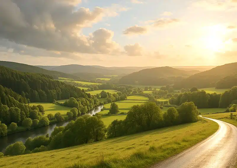 eifel landschap met groene heuvels en groene weides. er slingert een riviertje door het landschap. de zandweg is nog nat van de regen en de zon is aan het doorbreken.