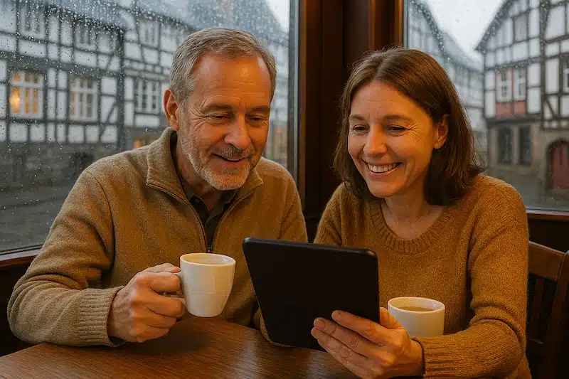 Een 50+ stel, man en vrouw, zitten aan een tafeltje in een bistro een kop koffie te drinken en kijken op hun tablet. Buiten is het vakwerkdorp Monschau te zien en het regent.