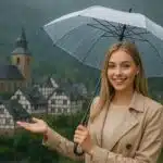 vrouw staat met paraplu in de regen in het eifel landschap. het is slecht regenachtig weer en op de achtergrond is een vakwerkdorpje te zien.
