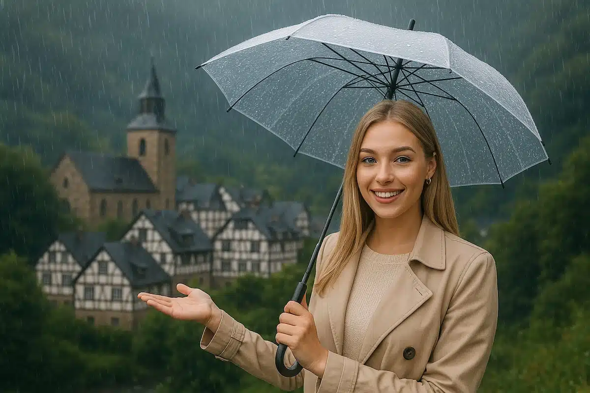 vrouw staat met paraplu in de regen in het eifel landschap. het is slecht regenachtig weer en op de achtergrond is een vakwerkdorpje te zien.