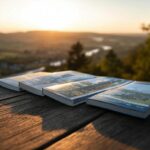 reisgidsen eifel. een drietal boeken (reisgidsen) liggen op een tafel met op de achtergrond een mooi heuvelachtig Eifel-landschap met ondergaande zon