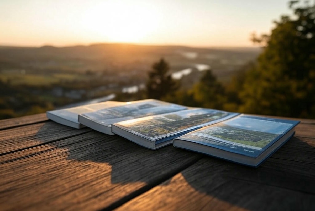 reisgidsen eifel. een drietal boeken (reisgidsen) liggen op een tafel met op de achtergrond een mooi heuvelachtig Eifel-landschap met ondergaande zon