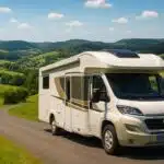 camperreis eifel. een camper op een smalle weg in een bergachtig gebied op een mooie zomerse dag. de groene heuvels van de eifel op de achtergrond
