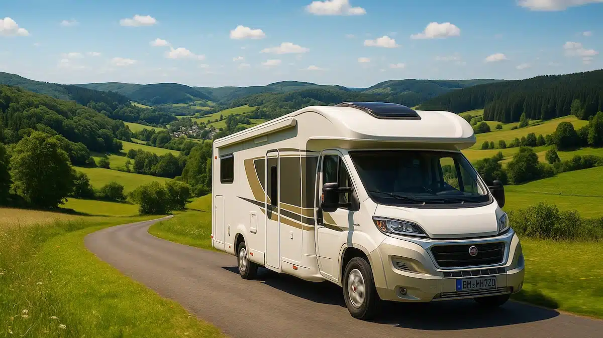 camperreis eifel. een camper op een smalle weg in een bergachtig gebied op een mooie zomerse dag. de groene heuvels van de eifel op de achtergrond