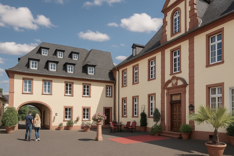 kasteel hotel in de eifel. mooi Duits kasteel op de binnenplaats. een man en een vrouw lopen rond.