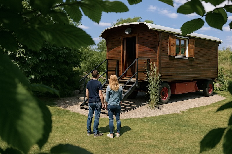 pipowagen in de eifel. man en vrouw staan op het gras te kijken naar een mooie pipowagen. de pipowagen staat in een groene omgeving en de lucht is blauw.