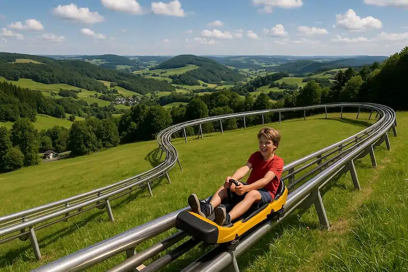 rodelbaan in de eifel. een rodelbaan in het groene eifellandschap met de heuvels op de achtergrond. de rodelbaan slingert naar bedenden met een jongen in het karretje