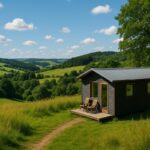 tiny house in het Eifel landschap op een mooie zomerse dag. met op de achtergrond de groene heuvels en een blauwe lucht