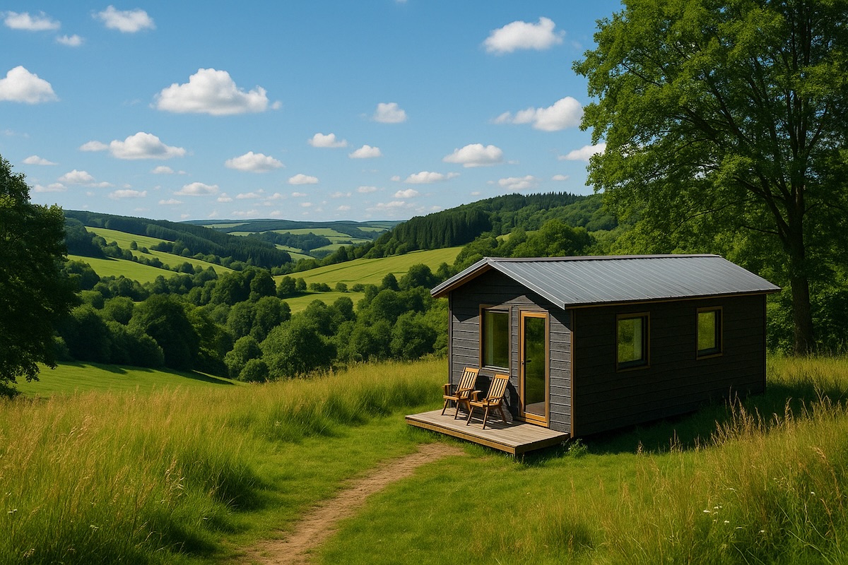 tiny house in het Eifel landschap op een mooie zomerse dag. met op de achtergrond de groene heuvels en een blauwe lucht