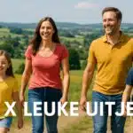 10x uitjes met kinderen in de eifel. gezin met kinderen loopt op een mooie zomerdag in het eifellandschap met de heuvels op de achtergrond. op de afbeelding staat de tekst: 10x leuke uitjes