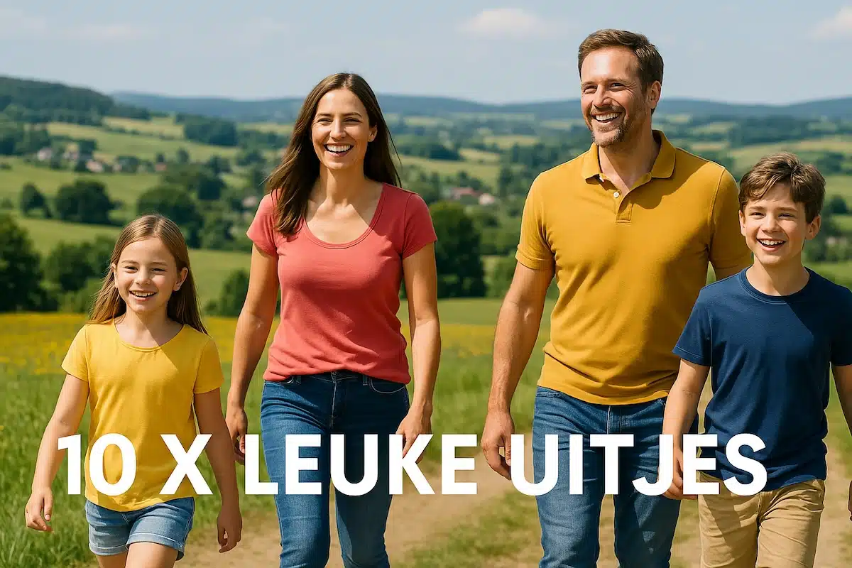 10x uitjes met kinderen in de eifel. gezin met kinderen loopt op een mooie zomerdag in het eifellandschap met de heuvels op de achtergrond. op de afbeelding staat de tekst: 10x leuke uitjes