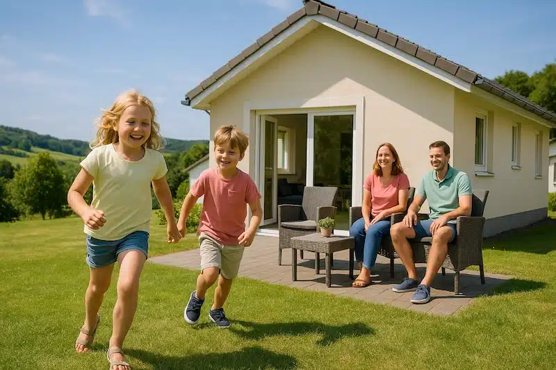 vakantiepark in de eifel. zonnige dag bij een vakantiehuisje op een vakantiepark. op de achtergrond de heuvels van de eifel en de kinderen spelen in het gras en de ouders zitten op een stoeltje op het terras bij het huisje