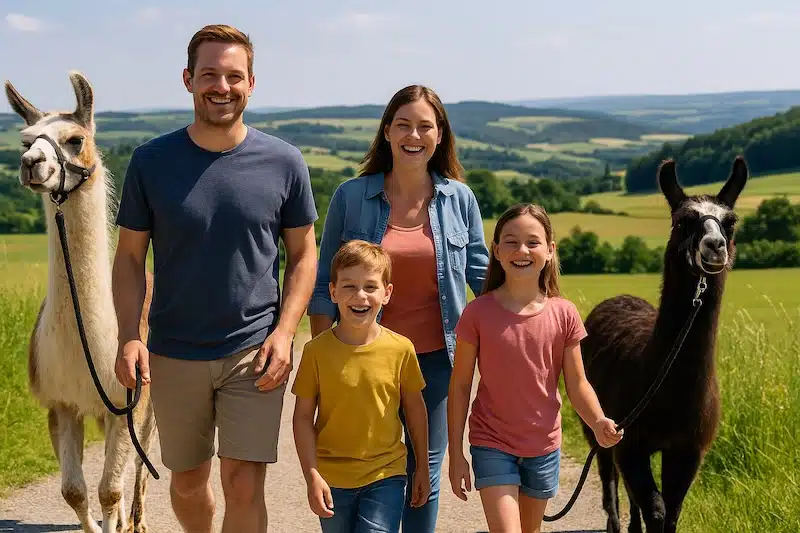 wandelen met lama's in de eifel. een gezin met kinderen is aan het wandelen in het prachtige eifel landschap met de groene heuvels op de achtergrond. ze wandelen met twee lama's. het is een mooi zomerse dag.