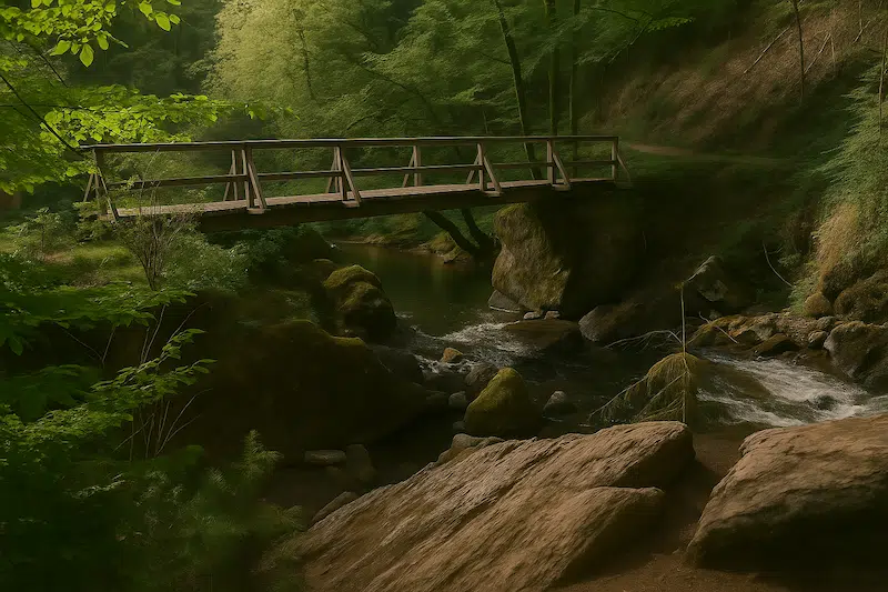 brug bij wolfsschlucht horngraben. een houten brug over een water tussen de rotsen in een donker bos in de eifel