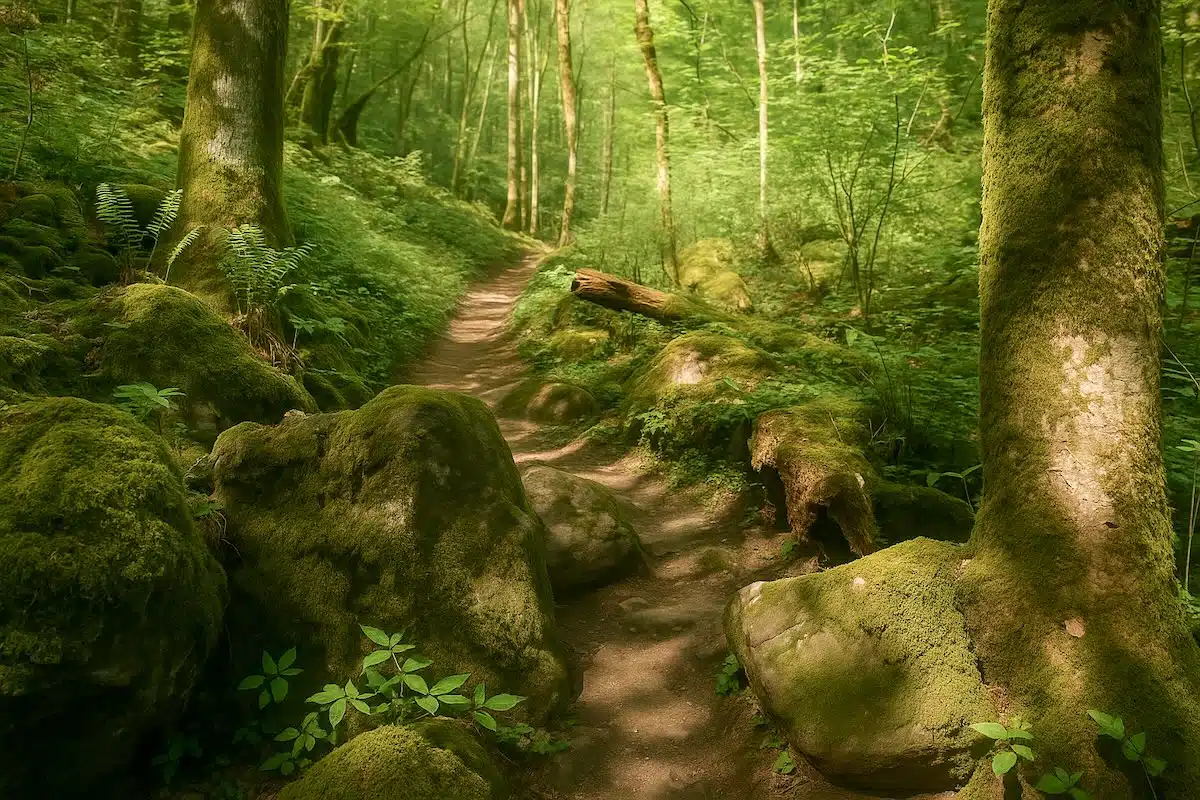 wandelpad Wolfsschlucht Horngraben. smal bospaadje met grote rotsen door een donker en groen bos in de eifel