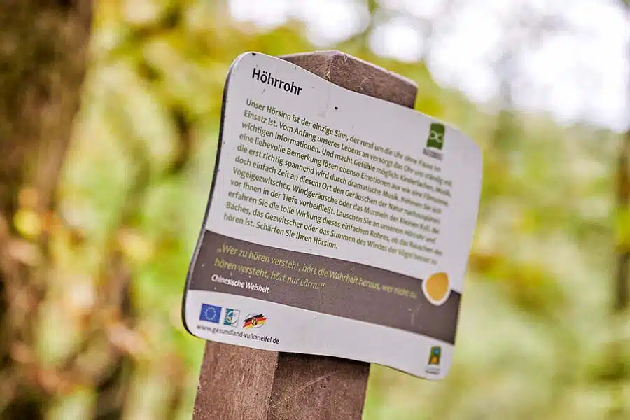 info-bord op de wandelroute HeimatSpur Achtsamkeits-Pfad Kleine Kyll in het bos