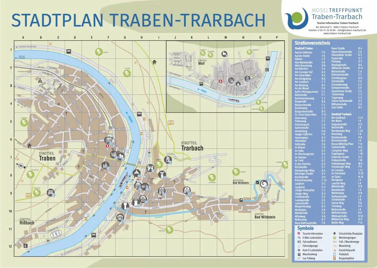 stads plattegrond van Traben-Trarbach met belangrijke bezienswaardigheden, parkeerplaatsen en routes