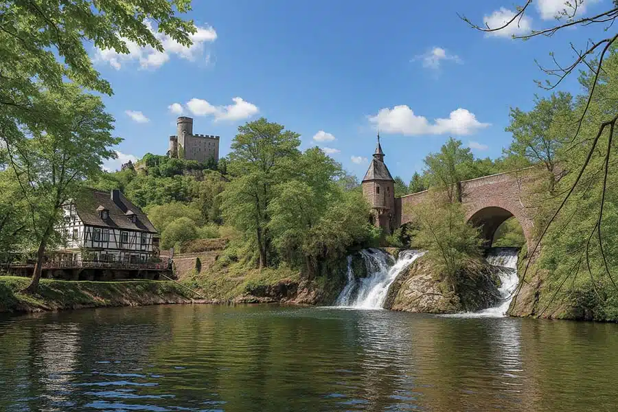 pyrmonter felsensteig de waterval. je kijkt over het water naar de dubbel waterval met op de achtergrond de stenen brug en hoog op de berg het kasteel. links is een vakwerk huis te zien en het is een mooie zomerse dag met blauwe lucht