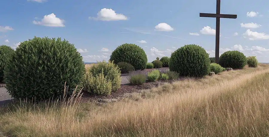 sammetzkopf kreuz. een groot kruis op het einde van een pad geflankeerd door groene struiken. op de voorgrond verdort gras en op de achtergrond een horizon met vergezicht. het is mooi weer, de lucht is blauw