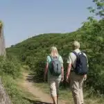 man en vrouw met rugzak wandelen op het traumpfad pyrmonter felsensteig. ze lopen over een smal pad langs hoge rotswanden. op de achtergrond groene heuvels van het eifel landschap en een mooie zomerse lucht.