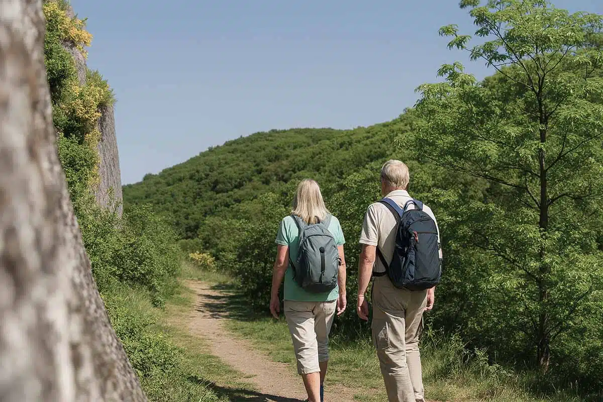 man en vrouw met rugzak wandelen op het traumpfad pyrmonter felsensteig. ze lopen over een smal pad langs hoge rotswanden. op de achtergrond groene heuvels van het eifel landschap en een mooie zomerse lucht.